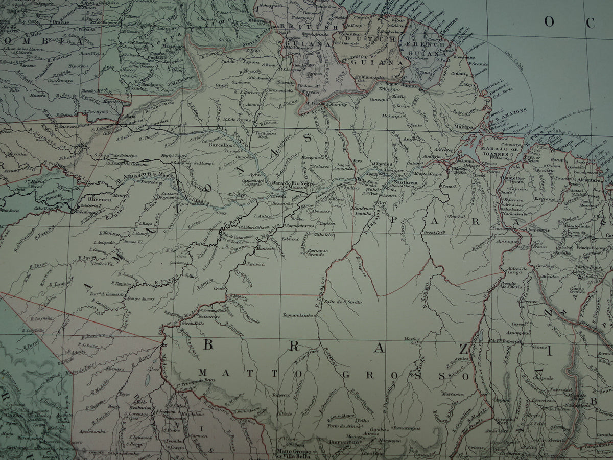 Grote oude kaart van Zuid-Amerika 1890 originele antieke landkaart van continent