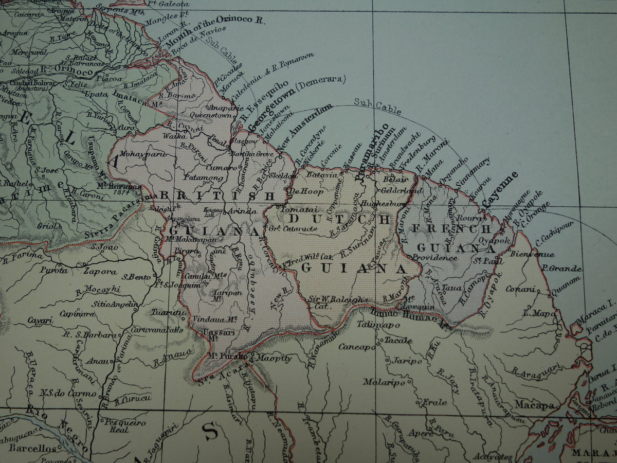 Grote oude kaart van Zuid-Amerika 1890 originele antieke landkaart van continent