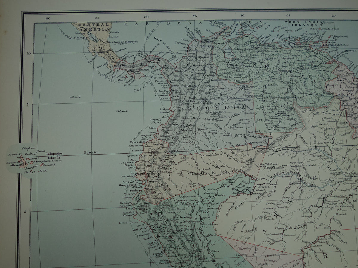 Grote oude kaart van Zuid-Amerika 1890 originele antieke landkaart van continent