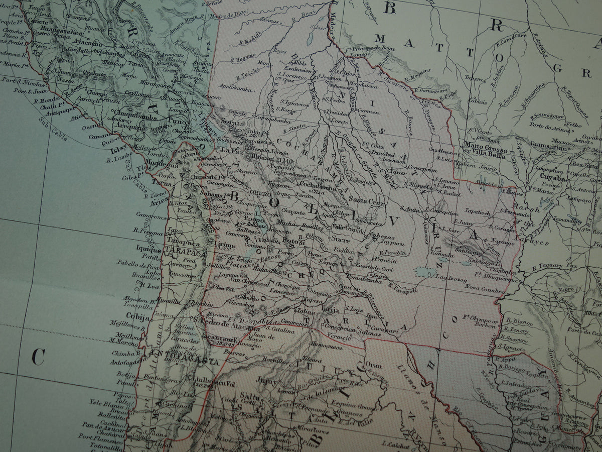 Grote oude kaart van Zuid-Amerika 1890 originele antieke landkaart van continent