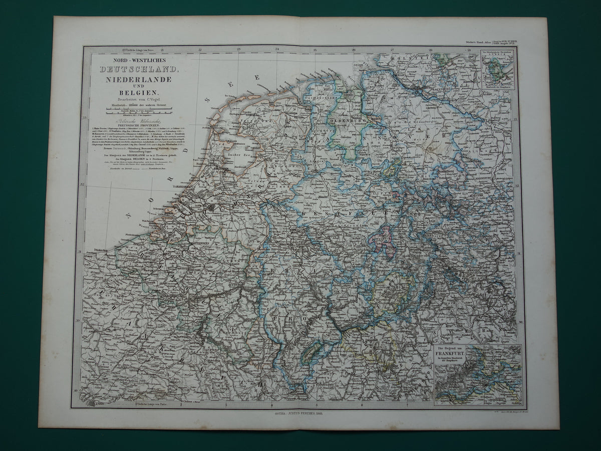 Antique map of Holland Belgium and Germany original 1868 old maps The Netherlands Frankfurt vintage dated print