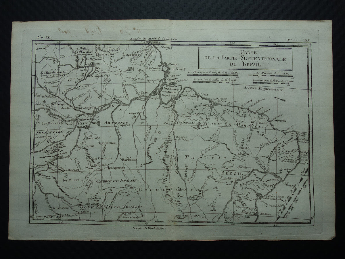 BRAZILIË Oude landkaart van Noordoost Brazilië Amazone rivier Originele vintage Franse Bonne kaart uit 1784