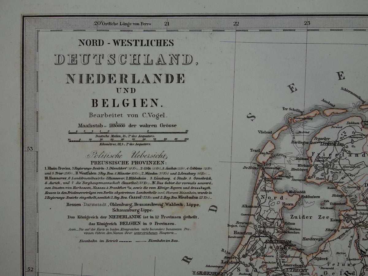 Antieke landkaart van Nederland België en Duitsland originele 155+ jaar oude kaart Holland vintage kaarten