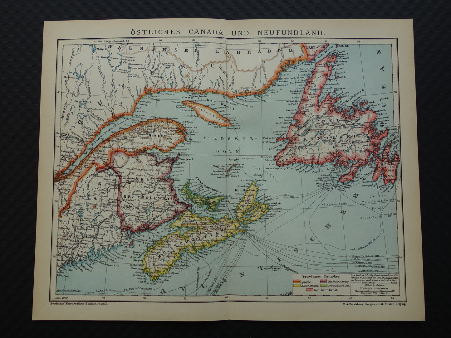 CANADA Antique map of Newfoundland Nova Scotia Brunswick 1909 old German map with date