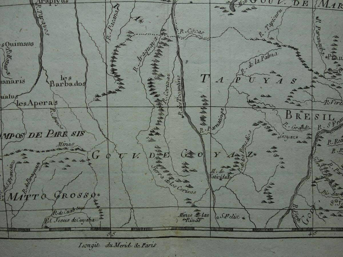 BRAZIL Old map of Northeast Brazil Amazon River Original vintage French Bonne map from 1784