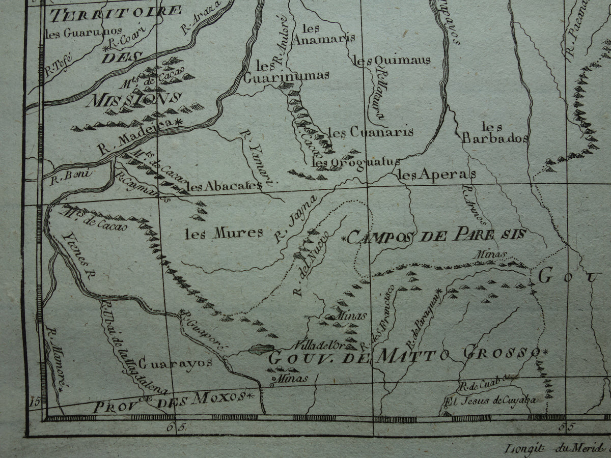 BRAZIL Old map of Northeast Brazil Amazon River Original vintage French Bonne map from 1784