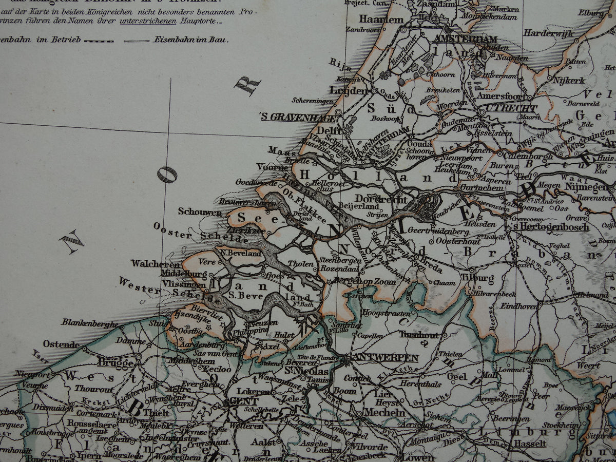 Antieke landkaart van Nederland België en Duitsland originele 155+ jaar oude kaart Holland vintage kaarten