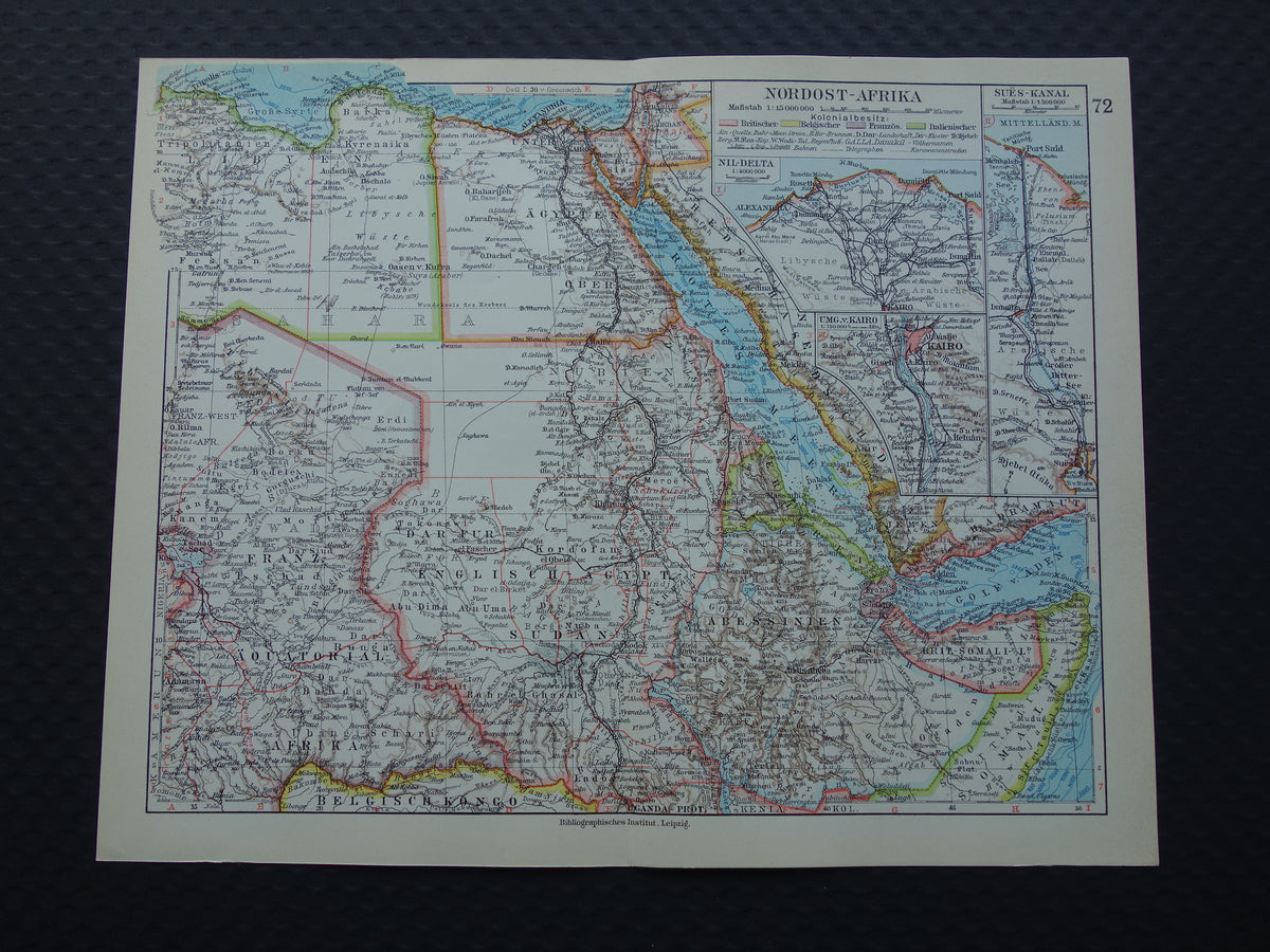 Oude kaart van Noordoost Afrika 1928 vintage Duitse landkaart Egypte Hoorn van Afrika Ethiopië Suez-Kanaal