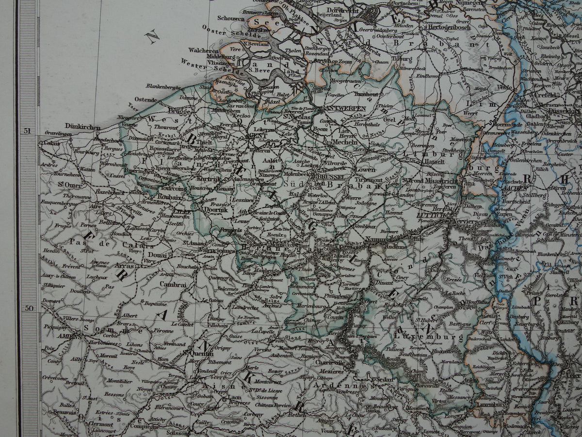 Antieke landkaart van Nederland België en Duitsland originele 155+ jaar oude kaart Holland vintage kaarten