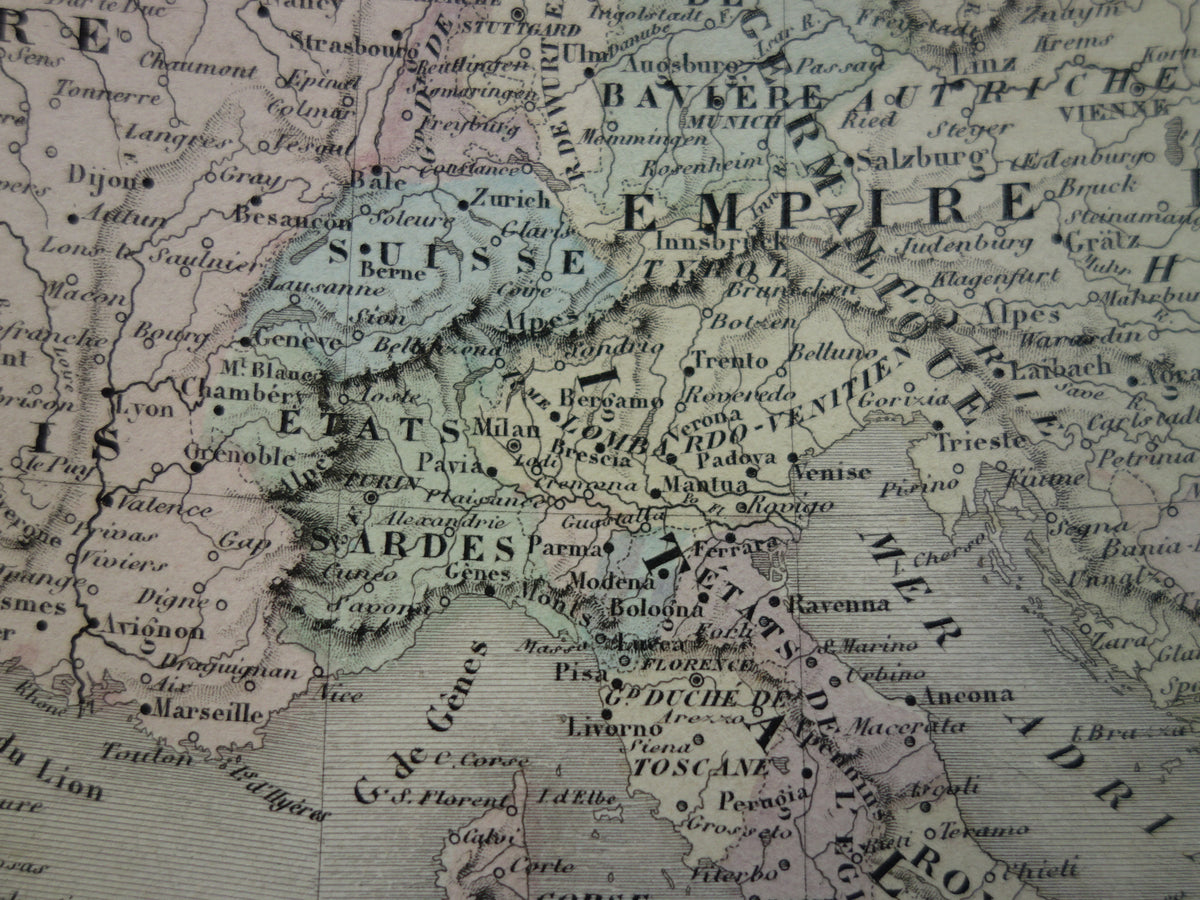 EUROPE Large old map continent Europe antique map from 1858 Vintage French map