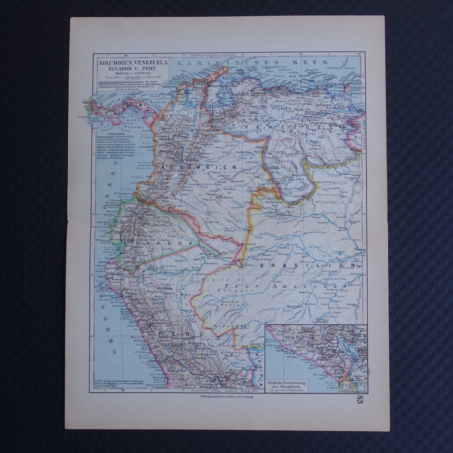 Old map Venezuela Colombia Ecuador Peru historical map old vintage maps