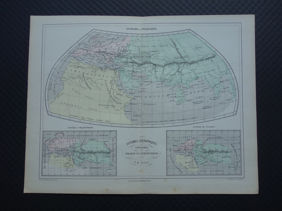 Antieke historische WERELDKAART 1858 oude kaart van Strabo Ptolemaeus Eratosthenes van de wereld in de klassieke oudheid