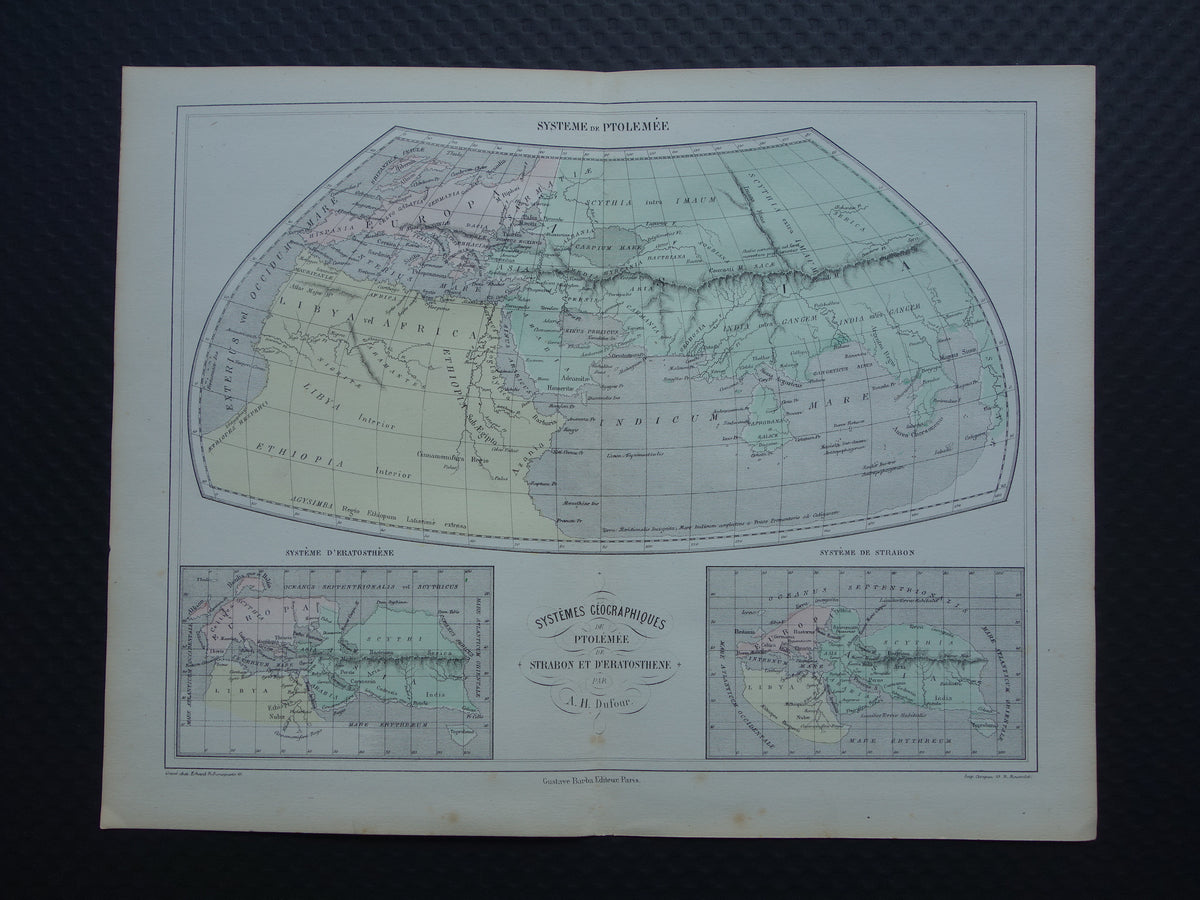 Antique historical WORLD MAP 1858 old map of Strabo Ptolemy Eratosthenes of the world in classical antiquity