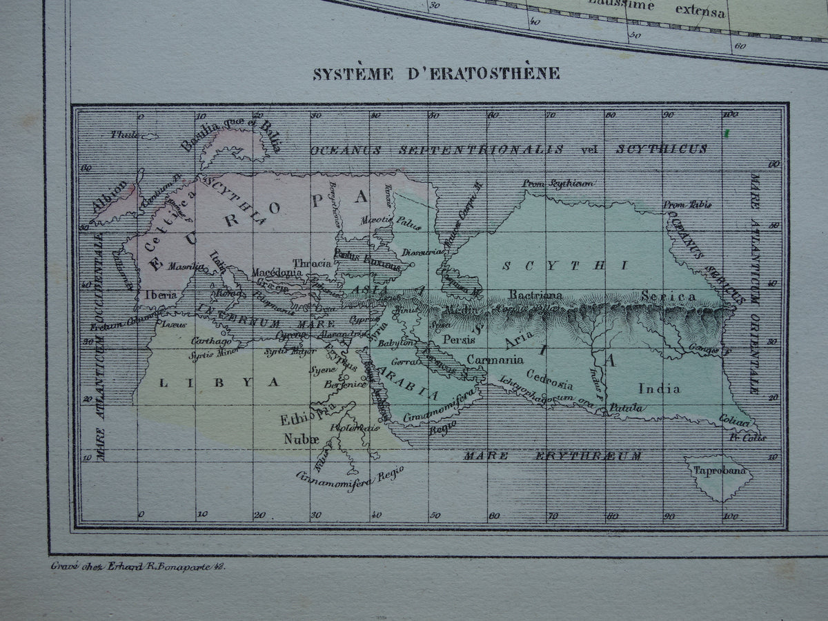 Antique historical WORLD MAP 1858 old map of Strabo Ptolemy Eratosthenes of the world in classical antiquity