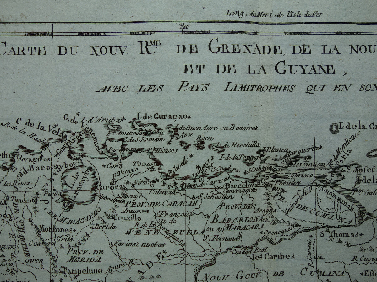 VENEZUELA Old map of northern South America with Suriname Original vintage French Bonne map from 1784 Colombia