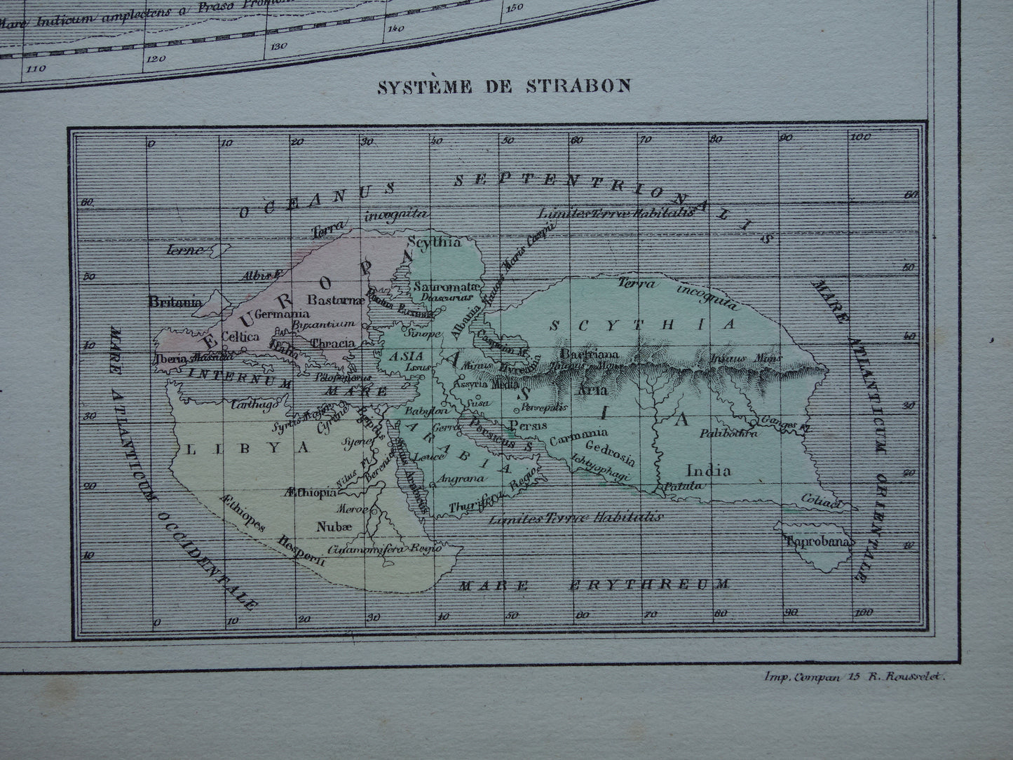Antique historical WORLD MAP 1858 old map of Strabo Ptolemy Eratosthenes of the world in classical antiquity