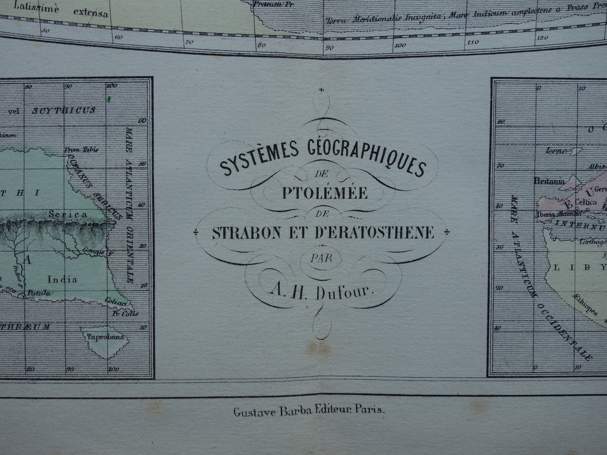 Antique historical WORLD MAP 1858 old map of Strabo Ptolemy Eratosthenes of the world in classical antiquity