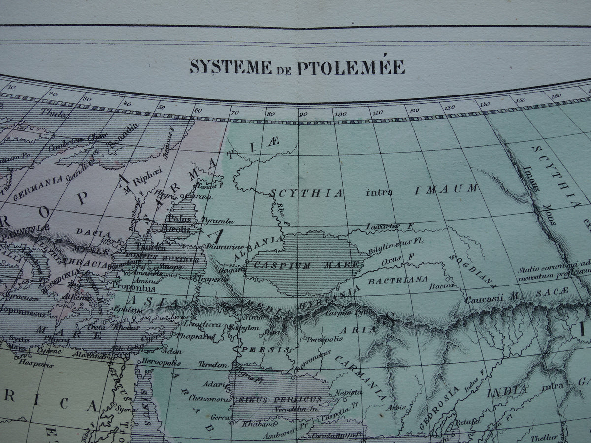 Antique historical WORLD MAP 1858 old map of Strabo Ptolemy Eratosthenes of the world in classical antiquity