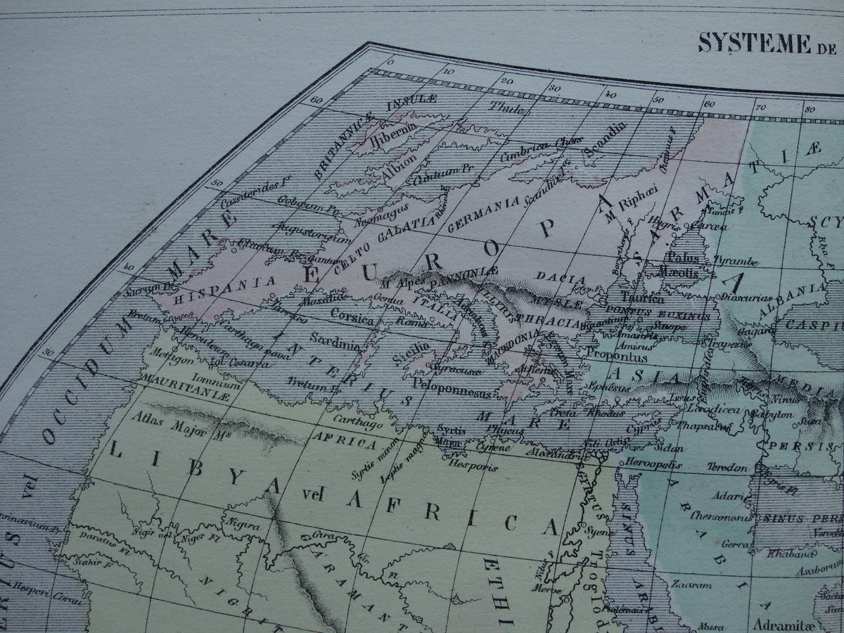 Antique historical WORLD MAP 1858 old map of Strabo Ptolemy Eratosthenes of the world in classical antiquity