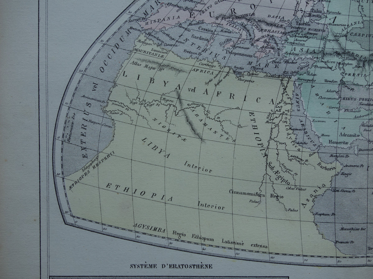 Antique historical WORLD MAP 1858 old map of Strabo Ptolemy Eratosthenes of the world in classical antiquity