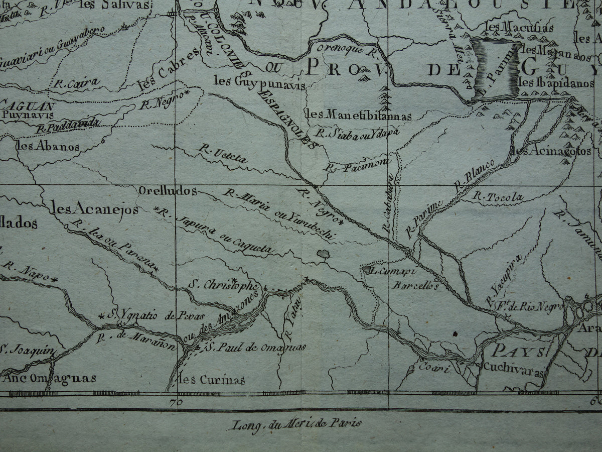 VENEZUELA Old map of northern South America with Suriname Original vintage French Bonne map from 1784 Colombia