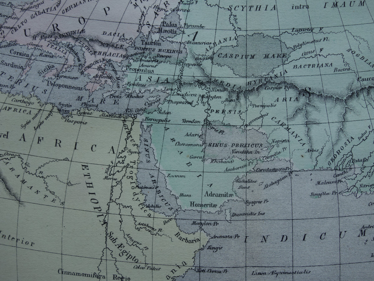 Antique historical WORLD MAP 1858 old map of Strabo Ptolemy Eratosthenes of the world in classical antiquity