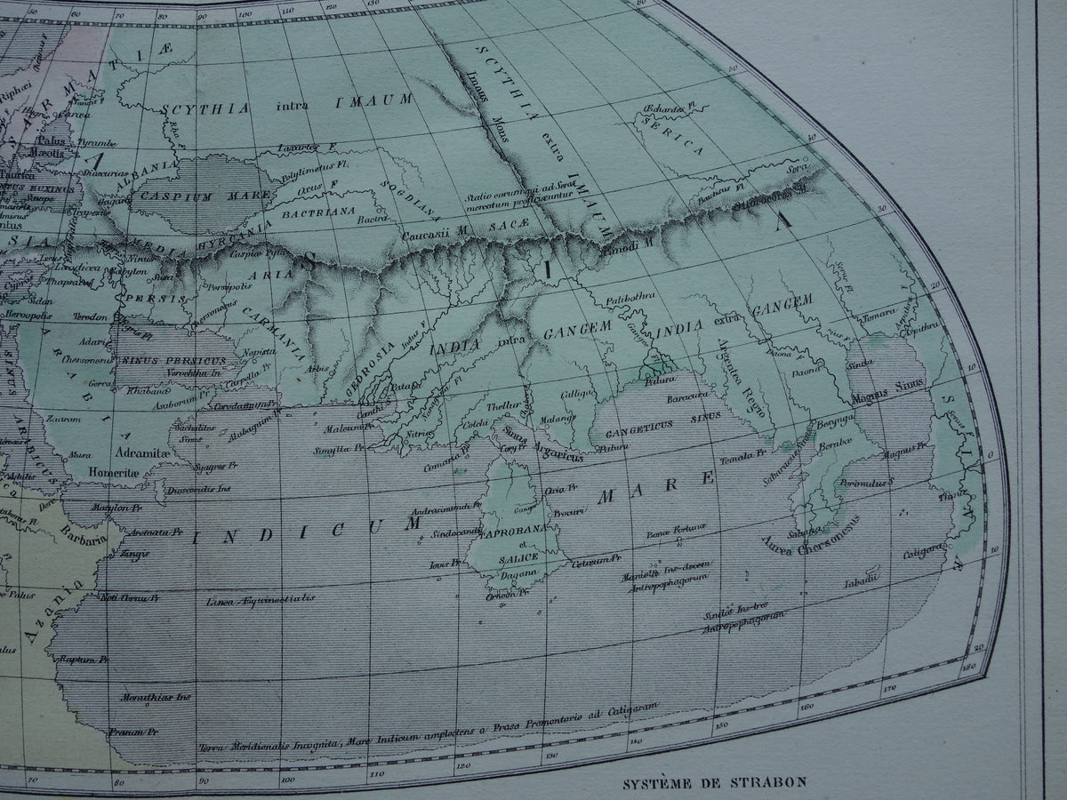 Antique historical WORLD MAP 1858 old map of Strabo Ptolemy Eratosthenes of the world in classical antiquity