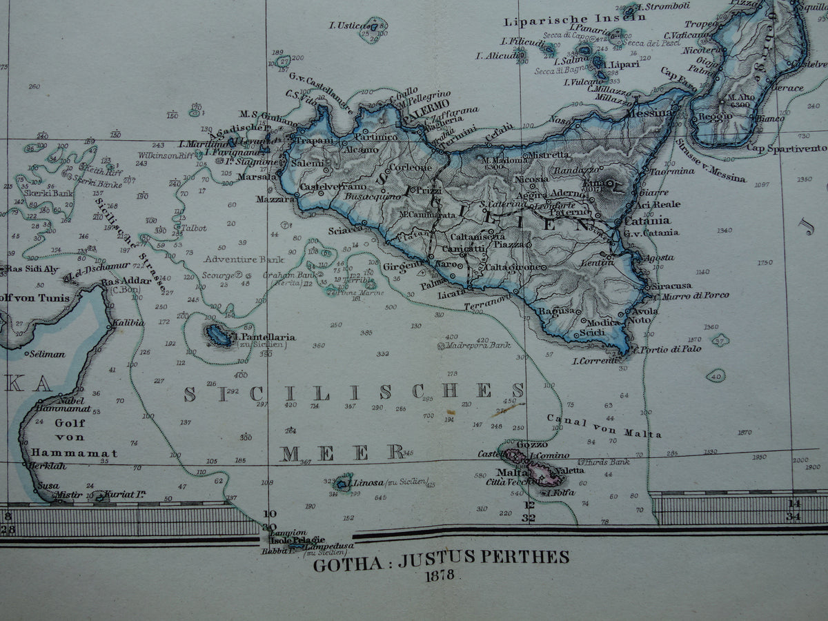 ITALIË antieke kaart van Italië Sicilië Etna Rome Turijn originele 145+ jaar oude landkaart van Italië