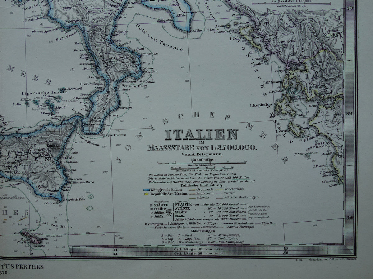 ITALIË antieke kaart van Italië Sicilië Etna Rome Turijn originele 145+ jaar oude landkaart van Italië