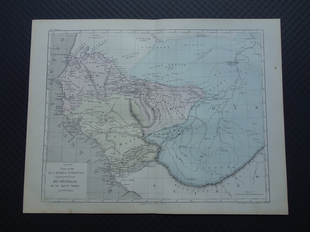 West-Afrika antieke landkaart - Handgekleurde oude Franse kaart van Gambia Mali Senegal Guinee