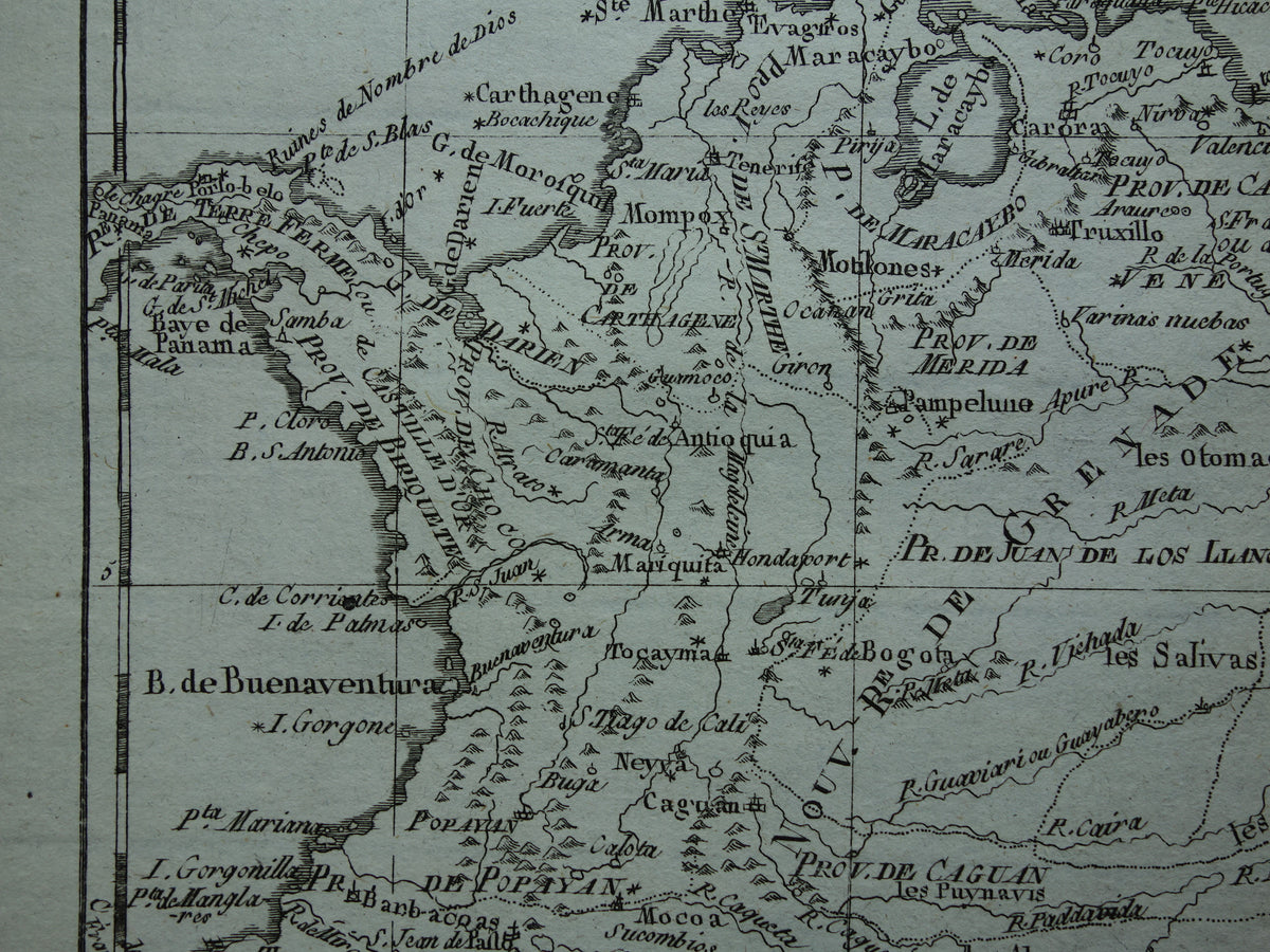 VENEZUELA Old map of northern South America with Suriname Original vintage French Bonne map from 1784 Colombia
