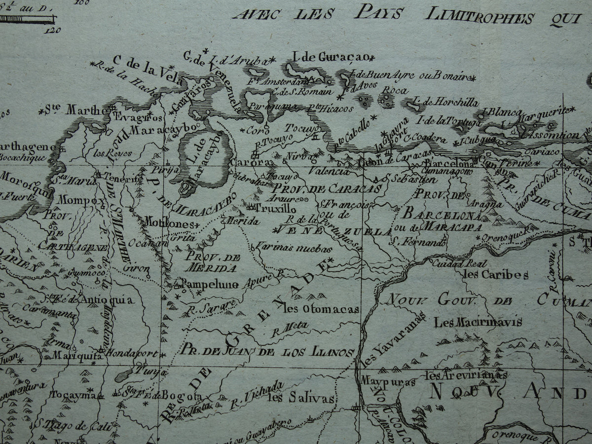VENEZUELA Old map of northern South America with Suriname Original vintage French Bonne map from 1784 Colombia