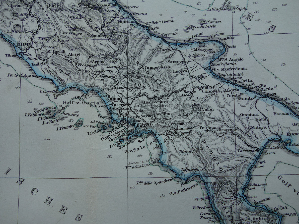 ITALIË antieke kaart van Italië Sicilië Etna Rome Turijn originele 145+ jaar oude landkaart van Italië