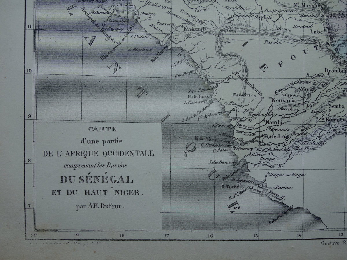 West Africa antique map - Hand-colored old French map of Gambia Mali Senegal Guinea