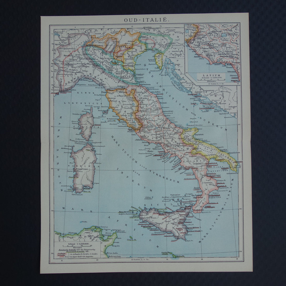 Oude kaart van Italië in klassieke oudheid Originele vintage geschiedeniskaart Romeinse rijk Griekse koloniën Feniciërs