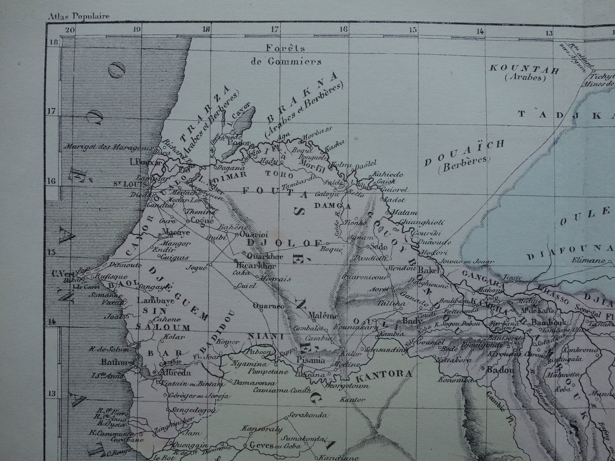 West Africa antique map - Hand-colored old French map of Gambia Mali Senegal Guinea