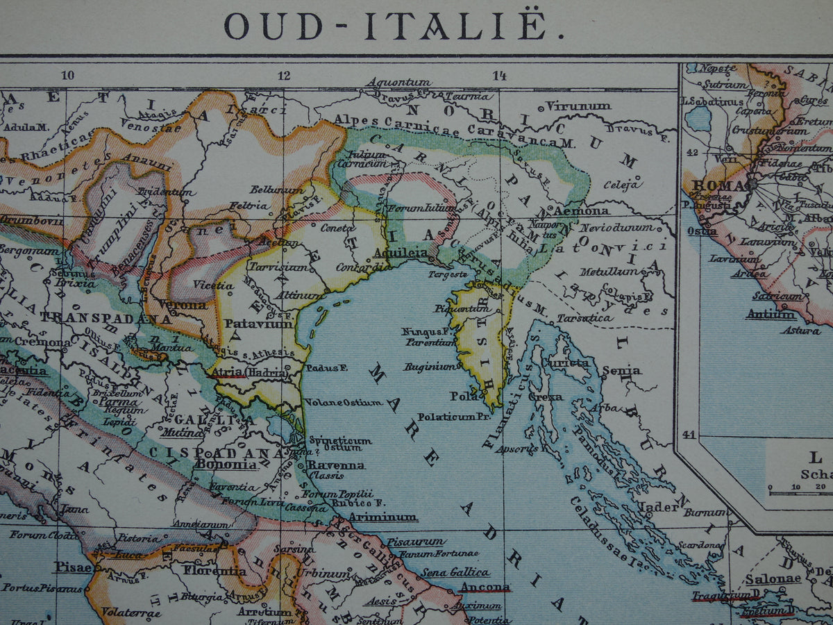 Oude kaart van Italië in klassieke oudheid Originele vintage geschiedeniskaart Romeinse rijk Griekse koloniën Feniciërs