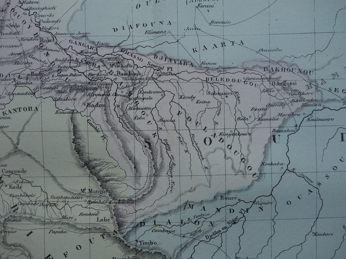 West Africa antique map - Hand-colored old French map of Gambia Mali Senegal Guinea