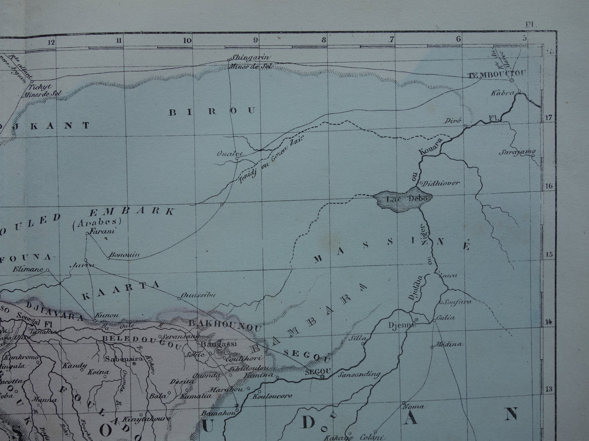 West Africa antique map - Hand-colored old French map of Gambia Mali Senegal Guinea