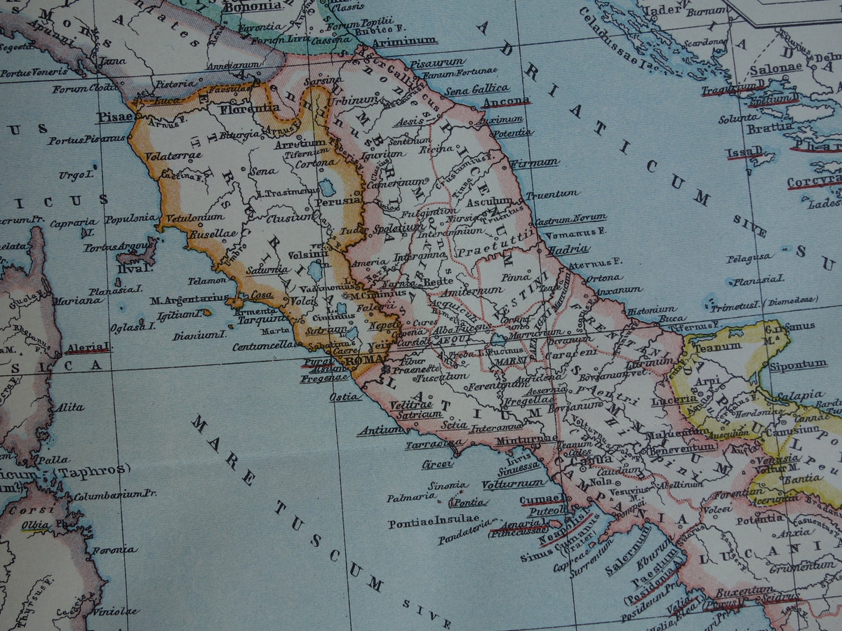Oude kaart van Italië in klassieke oudheid Originele vintage geschiedeniskaart Romeinse rijk Griekse koloniën Feniciërs