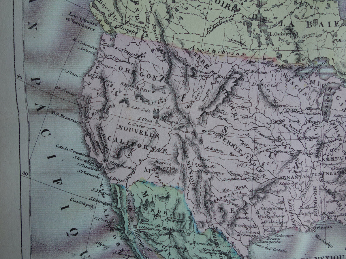 Noord-Amerika antieke landkaart - Handgekleurde oude Franse kaart van het continent
