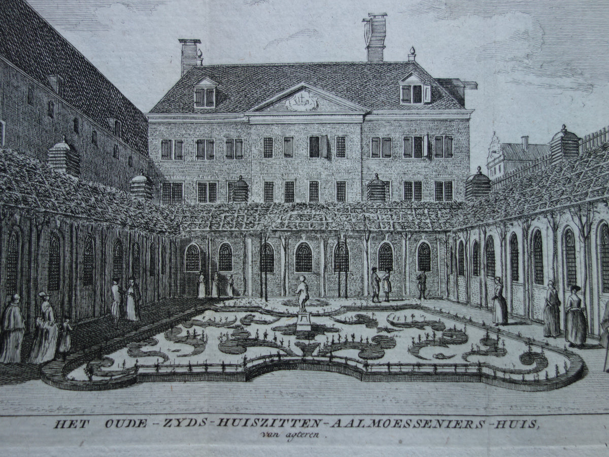Old print of Oudezijds Huiszittinghuis / Academy of Architecture in Amsterdam Original antique engraving Huiszittingaalmoerenhuis Waterlooplein Historic cityscape Vintage Print