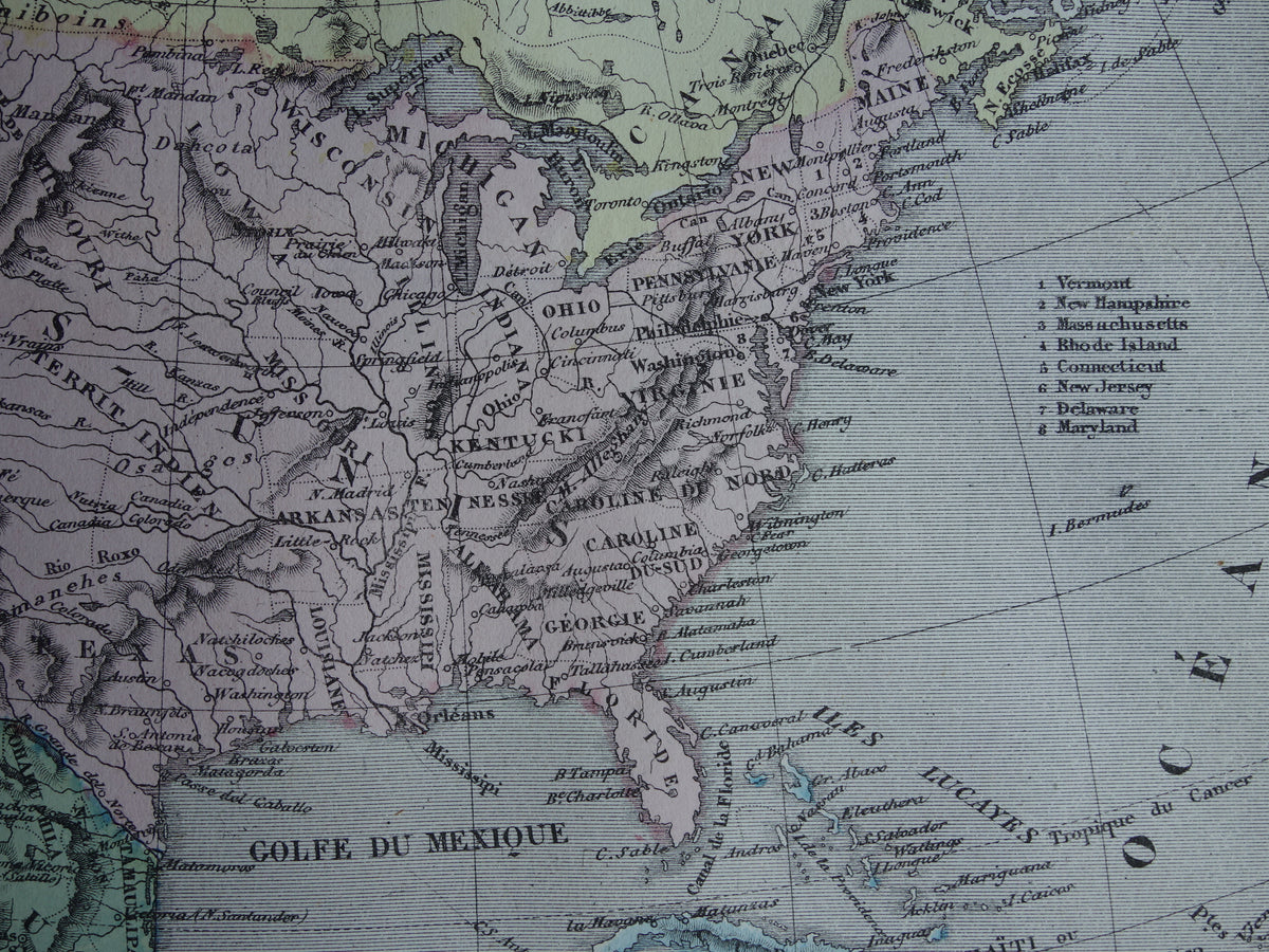 Noord-Amerika antieke landkaart - Handgekleurde oude Franse kaart van het continent