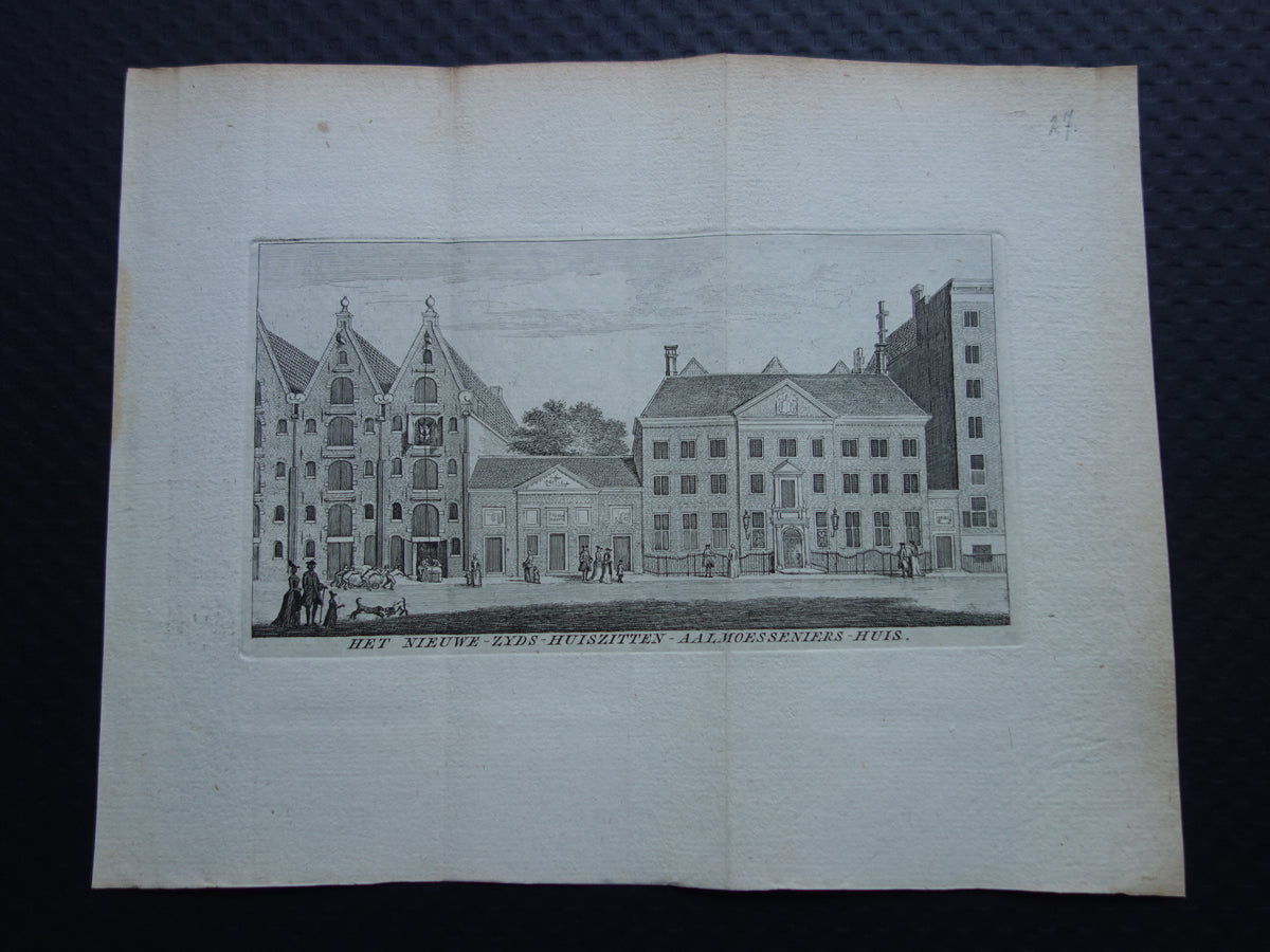 Oude prent van Nieuwezijds Huiszittenhuis in Amsterdam Originele antieke gravure Prinsengracht 235-237 Historisch stadsgezicht Vintage Print