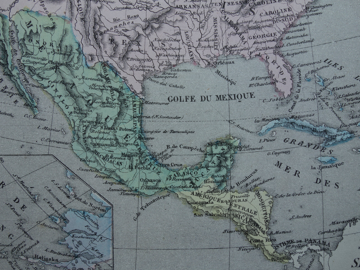Noord-Amerika antieke landkaart - Handgekleurde oude Franse kaart van het continent