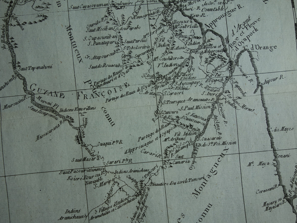 FRENCH GUIANA Old map of French Guiana with Suriname Original vintage French Bonne map from 1784