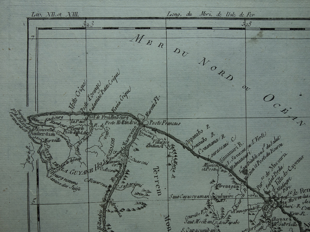 FRENCH GUIANA Old map of French Guiana with Suriname Original vintage French Bonne map from 1784
