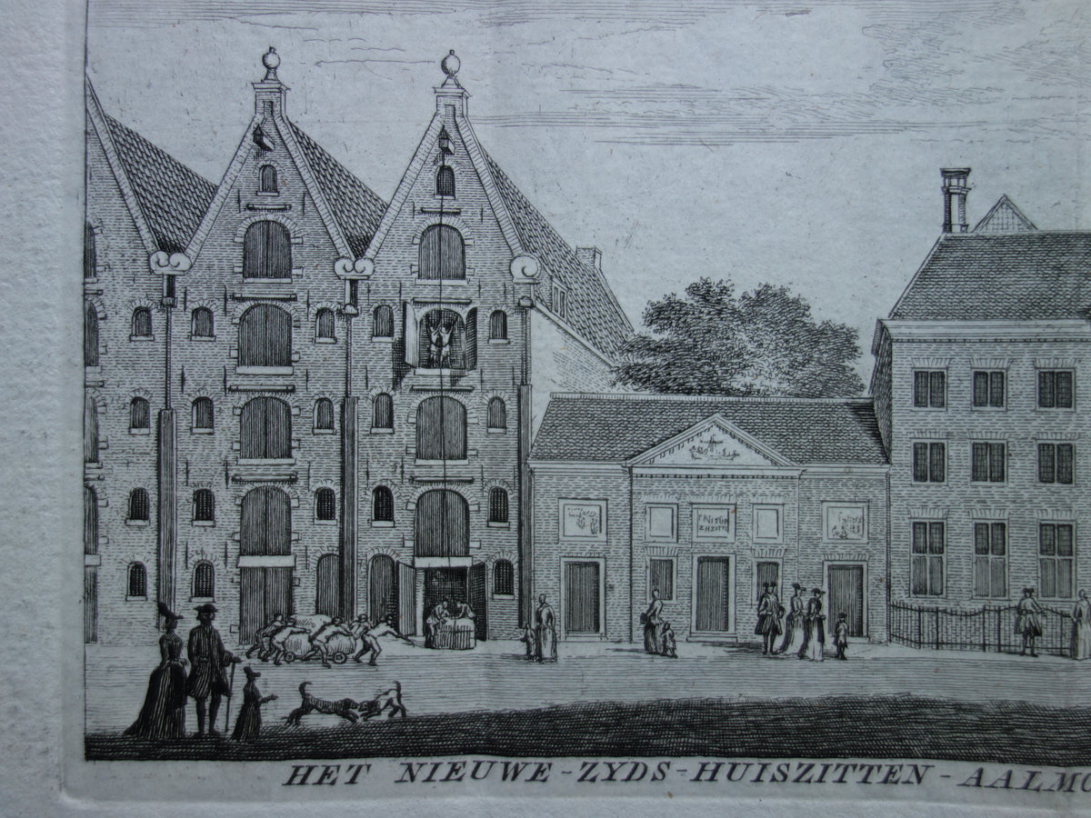 Old print of Nieuwezijds Huiszittenhuis in Amsterdam Original antique engraving Prinsengracht 235-237 Historical cityscape Vintage Print