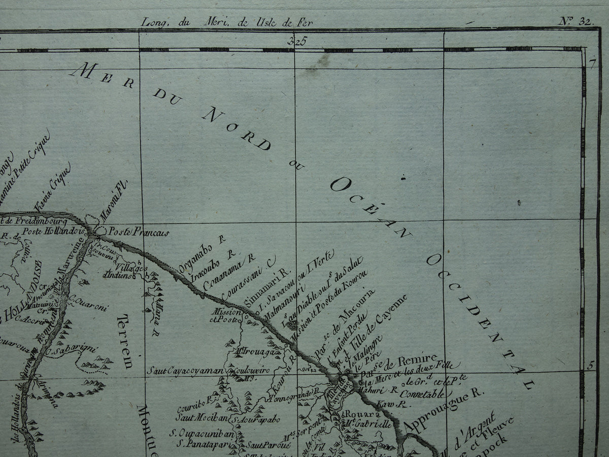 FRENCH GUIANA Old map of French Guiana with Suriname Original vintage French Bonne map from 1784