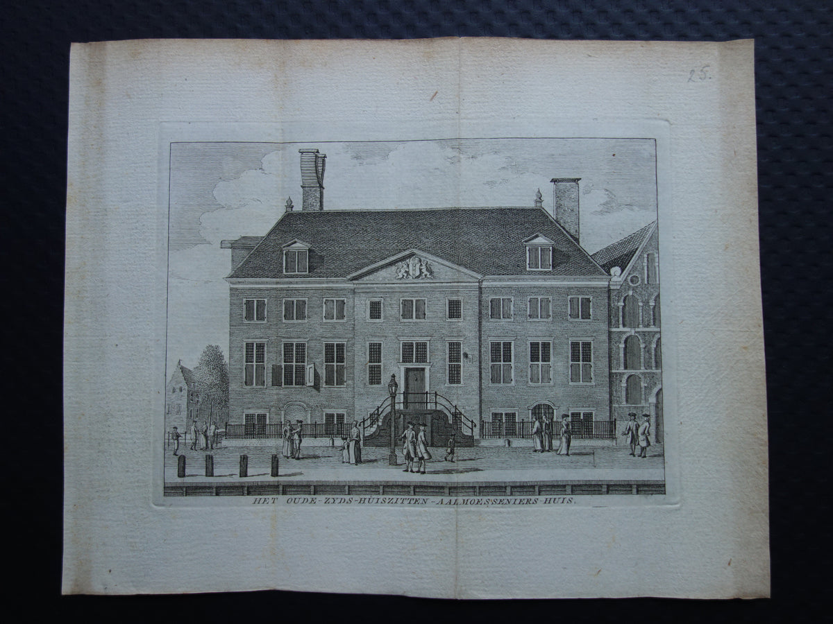 Antieke prent van Academie van Bouwkunst / Oudezijds Huiszittenhuis in Amsterdam Originele antieke gravure Huiszittenaalmoezeniershuis Waterlooplein Historisch stadsgezicht Vintage Print